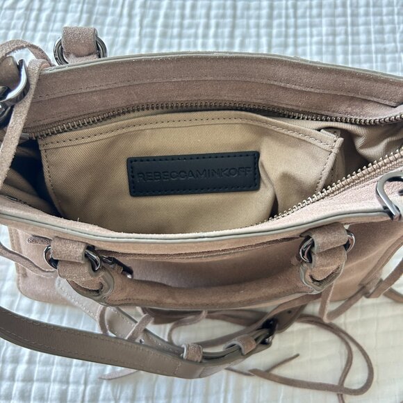 Rebecca Minkoff Mini Regan Satchel Suede Leather Taupe Beige Crossbody Tote - Picture 10 of 13